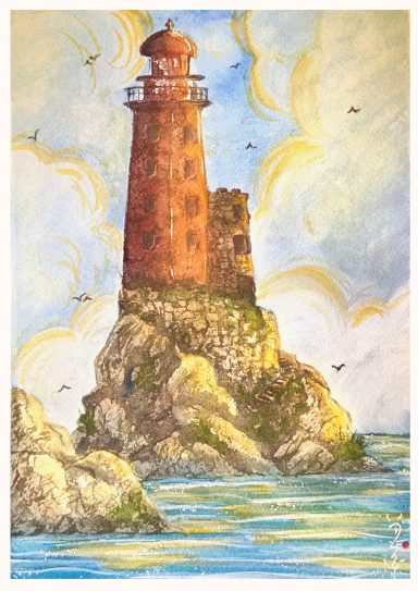 Faro de piedra roja en una roca, rodeado de agua y con un cielo nublado.