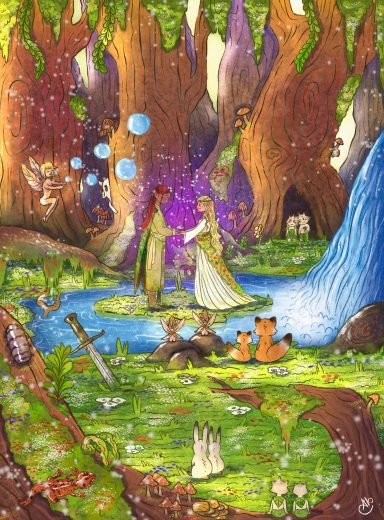 Pareja mágica en un bosque, rodeados de criaturas y un arroyo de agua brillante.