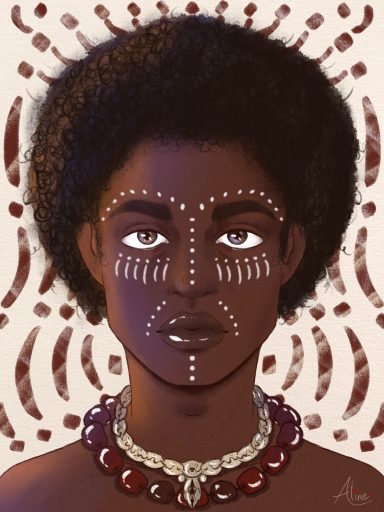 Retrato de una persona con piel oscura, adornos faciales y collar brillante.