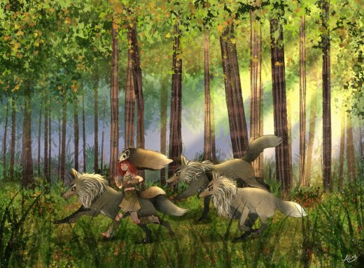 Una joven en el bosque rodeada de lobos. La luz del sol filtra entre los árboles.
