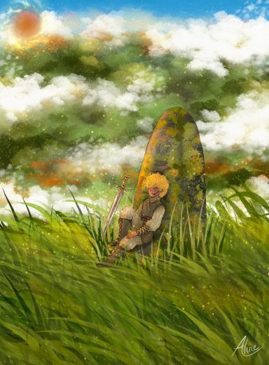 Una figura sentada junto a una roca en un paisaje verde bajo un cielo nublado y soleado.