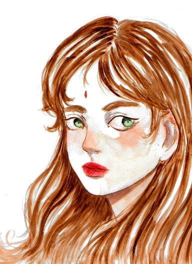 Retrato de una mujer con cabello largo y castaño, ojos verdes y labios rojos.