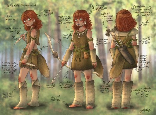 Personaje femenino con cabello marrón, vestido verde, arco y flechas en un entorno boscoso.