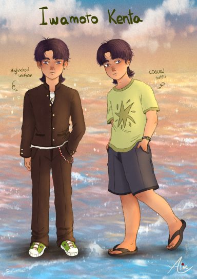 Dos versiones de Iwamoto Kenta, una en traje y otra en ropa casual frente a un fondo de playa.