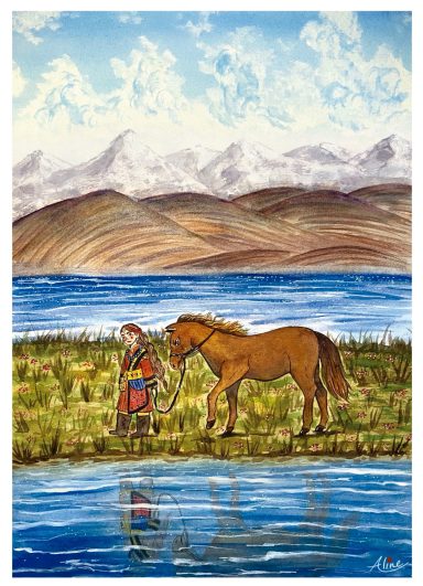 Un hombre con un caballo junto a un río, con montañas y nubes al fondo.