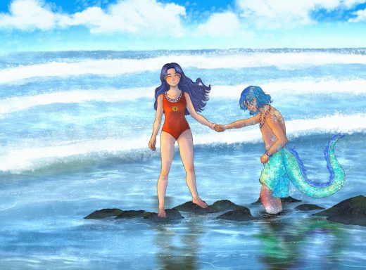 Chica en traje de baño rojo sostiene la mano de un chico con cola de sirena en la playa.
