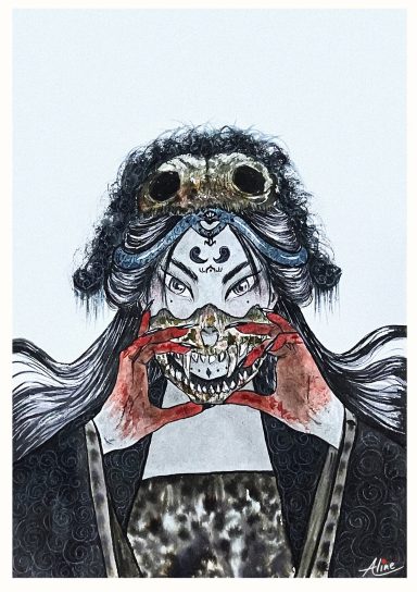 Retrato de un personaje con máscara tradicional y detalles ornamentales en un fondo claro.
