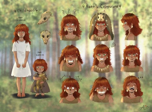 Personaje con cabello castaño en varios estilos y expresiones, en un entorno natural.