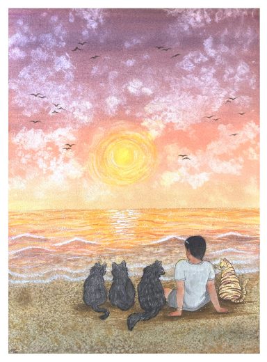 Niño sentado en la playa, mirando un atardecer con tres gatos a su lado.