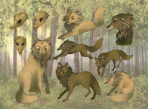 Ilustración de animales fantásticos con características de león y zorro en un bosque.
