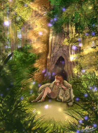 Un niño sentado en un bosque encantado, rodeado de luces y vegetación.