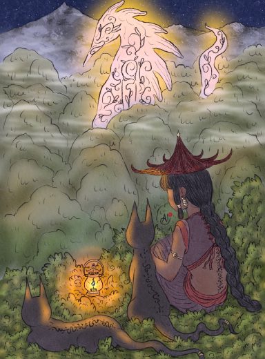 Una figura sentada frente a un fogón, observando fantasmas en las montañas.