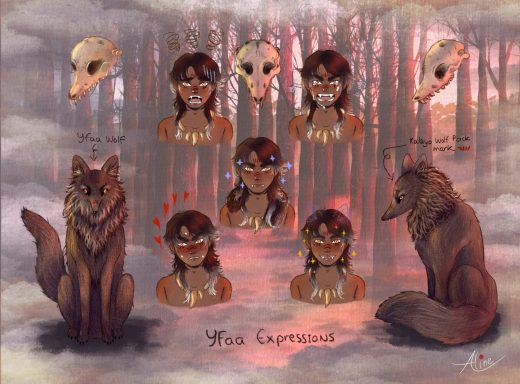 Personaje con diversas expresiones rodeado de lobos y máscaras de animales en un paisaje boscoso.
