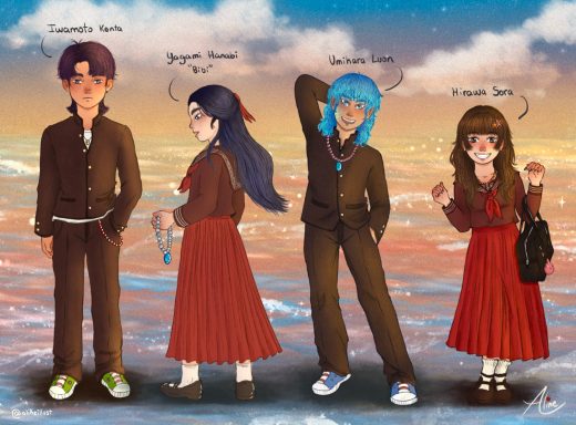 Cuatro personajes de estilo anime, cada uno con ropa diferente y fondos coloridos.