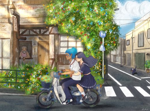Pareja joven en motocicleta, rodeada de vegetación, con una casa y una mujer en la ventana.