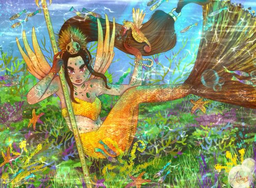 Sirena con cola dorada, sosteniendo un tridente, en un entorno marino lleno de colores.