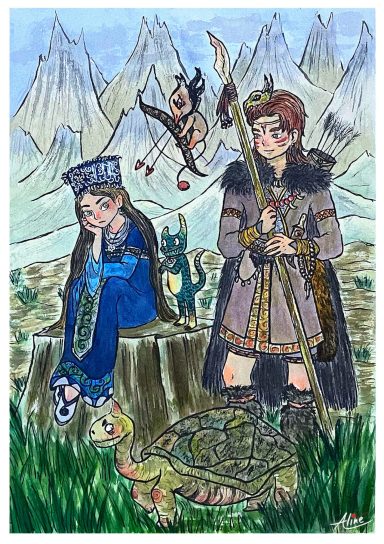Dos personajes vestidos con trajes tradicionales, rodeados de animales, frente a montañas.