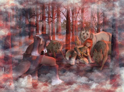 Una figura humana rodeada de leones en un bosque brumoso y rojo.