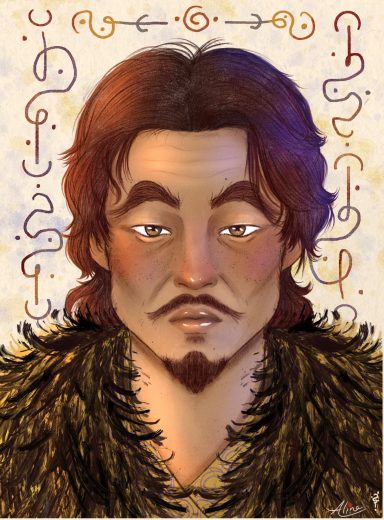 Retrato de un hombre con cabello largo y oscuro, vestido con un abrigo de piel.
