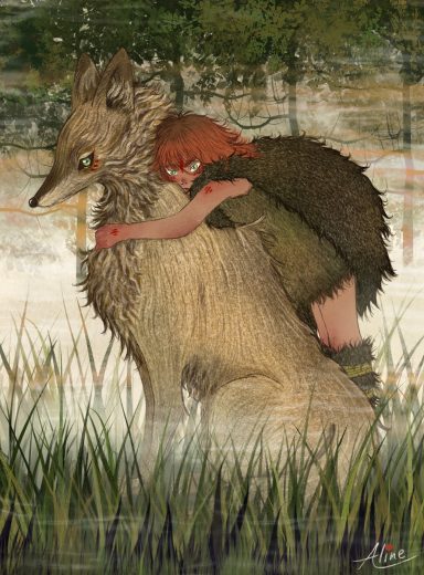 Niña abrazando a un lobo en un entorno natural y lleno de vegetación.