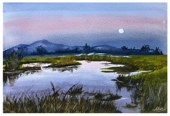 Paisaje sereno con un estanque, montañas al fondo y una luna brillante en el cielo.