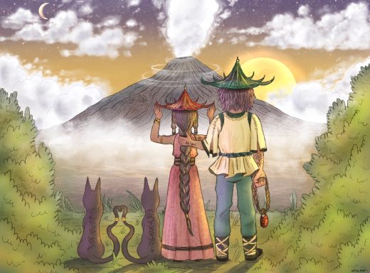 Dos personajes con sombreros observan un volcán al atardecer, acompañados de dos gatos.