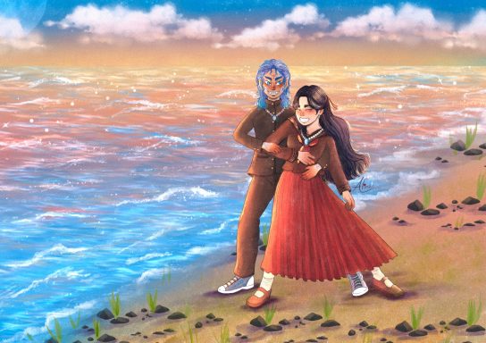 Dos personajes de estilo anime se posan junto al mar al atardecer.
