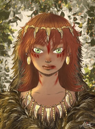 Mujer con cabello rojo, mirada intensa y joyas, en un entorno natural y místico.