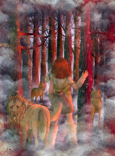 Niña en un bosque rodeada de lobos y un león, ambiente misterioso y brumoso.
