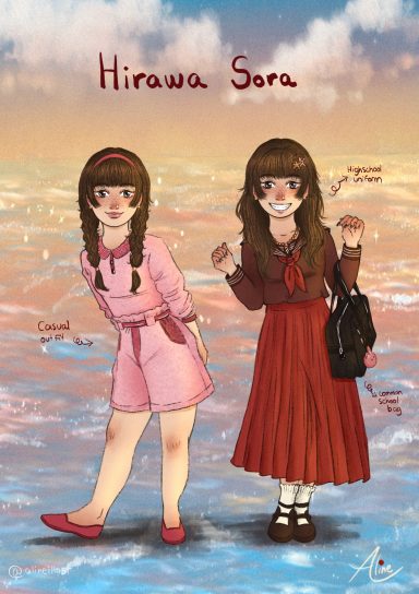 Dos chicas sonrientes, una vestida de rosa y la otra de rojo, en un fondo colorido.