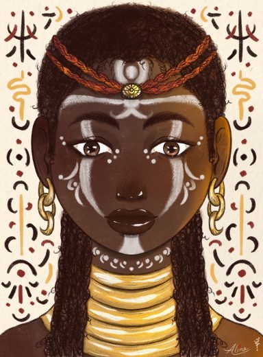Retrato de mujer con piel oscura, detalles en el rostro y adornos típicos.