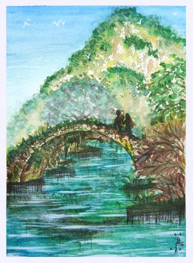 Puente de piedra sobre un río, con vegetación en la orilla y un cielo despejado.