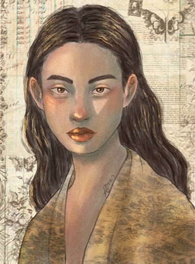 Retrato de mujer con cabello oscuro y piel clara, con fondo texturizado.