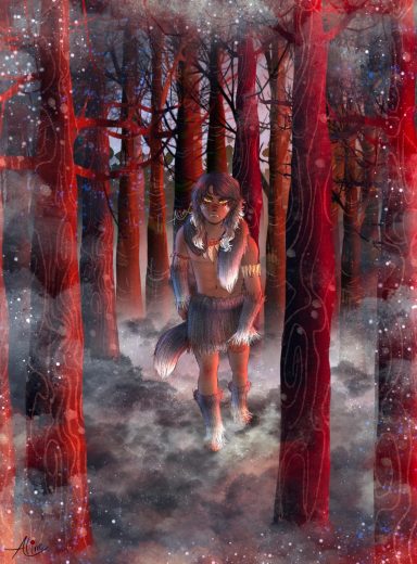 Persona con hacha caminando entre árboles rojos en un bosque nebuloso.