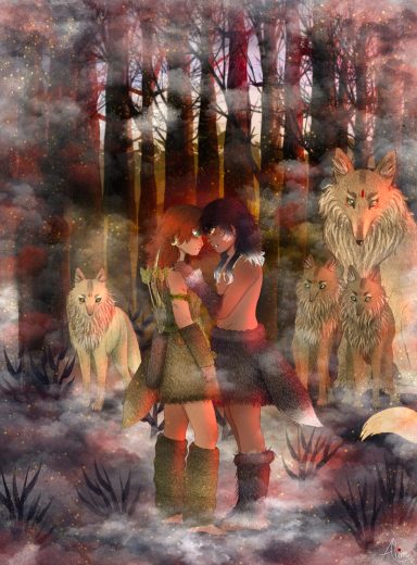 Una pareja abrazada en un bosque neblinoso, rodeada de lobos.