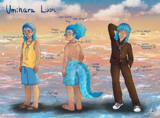 Chico con cabello azul y cola, vestido con ropa variada, en un fondo de mar.