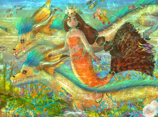 Sirena montando dragones en un colorido fondo marino lleno de vida acuática.