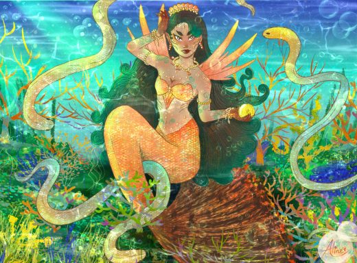 Sirena con cabello oscuro rodeada de plantas marinas y criaturas. Sostiene una esfera brillante.